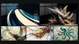 Mosaïque de cinq tableaux, dont Onde spiralée moderne, Les Liens Invisibles et La baleine d'Elise