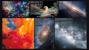 Mosaïque de six tableaux, dont Éclats de Vitraux, Explosion de couleurs chaudes et Lune Pixelisée Futuriste