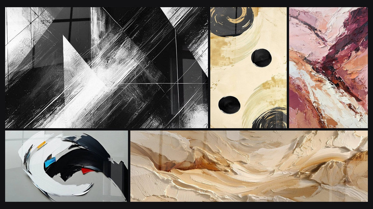 Mosaïque de cinq tableaux, dont Points de Convergence, Équilibre Sphère Noir et Abstrait dynamique