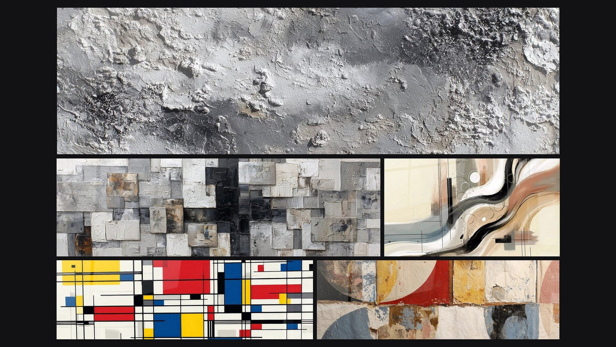 Mosaic of five paintings, including Gray and Silvered Mineral Abstract Texture, Sillage Abstract and Geometric Composition
