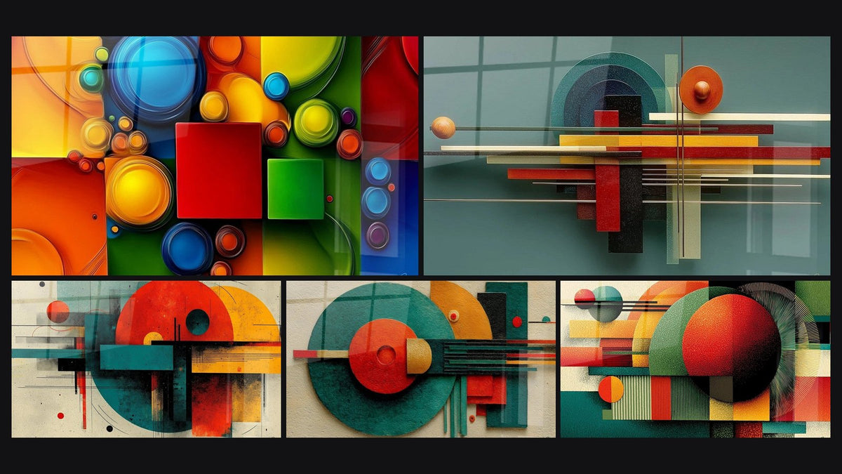 Mozaïek van vijf schilderijen, waaronder Geometrische vormen Modulaire harmonie en Geometrische Compositie Constructief Ritme
