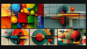 Mosaico de cinco cuadros, entre ellos Formas geométricas y círculos de colores y Geometría Tensión Espacial