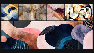 Mosaic of five paintings, including Divine Breath White, Interlocking circular shapes and Undulating Symbiosis Coral