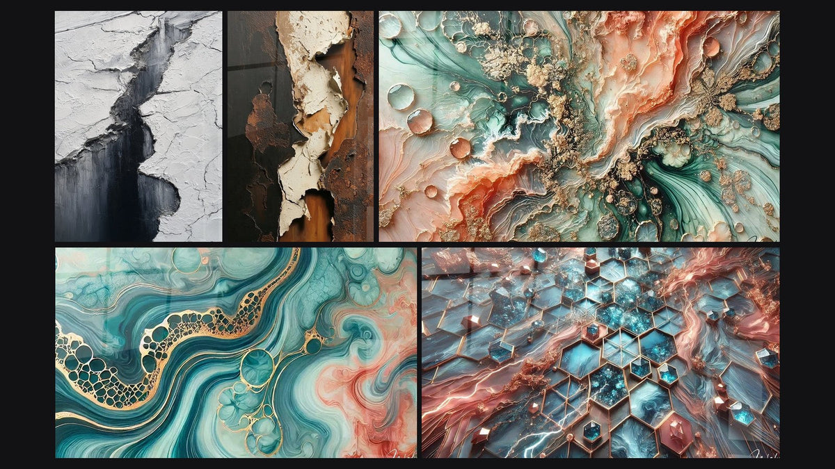 Mosaico de cinco cuadros, entre ellos Grieta Glaciar Gris y Negro, Marea de Acuarela y Redes de Resplandor