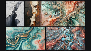 Mozaïek van vijf schilderijen, waaronder Gletscher Scheur Grijs en Zwart, Aquarelgetijtafel en Stralende Netwerken