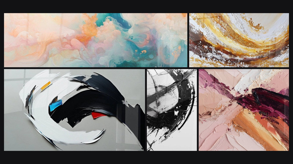 Mosaic of five paintings, including Cumulus Floating Pink, Dynamic Abstract and The Break in Time