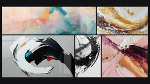 Mosaic of five paintings, including Cumulus Floating Pink, Dynamic Abstract and The Break in Time