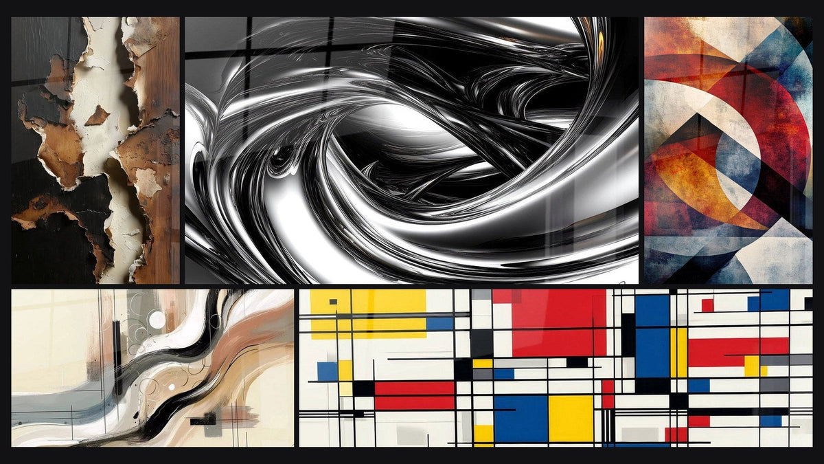 Mosaik aus fünf Gemälden, darunter Sillage Abstrakt, Mit geometrischen Kreisformen und Geometrische Komposition