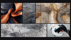 Mosaic of five paintings, including Sculptural Momentum Copper and Textured Silver Metallic Abstract Relief