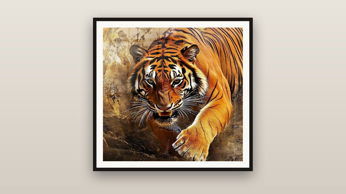 Framed painting on a wall: Tiger Ember Gaze Wall