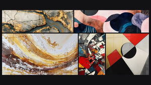 Mosaic of five paintings, including Golden Veined Marble, Undulating Symbiosis Coral and Architectural Revolution Modern