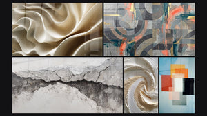 Mosaico de cinco cuadros, entre ellos Círculos grises y coral entrelazados y Formas Geométricas Contraste Funcional