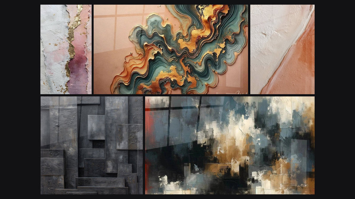 Mosaïque de cinq tableaux, dont Abstrait rose blanc or avec texture dorée, Onde Cuivré et Chaos Organisé