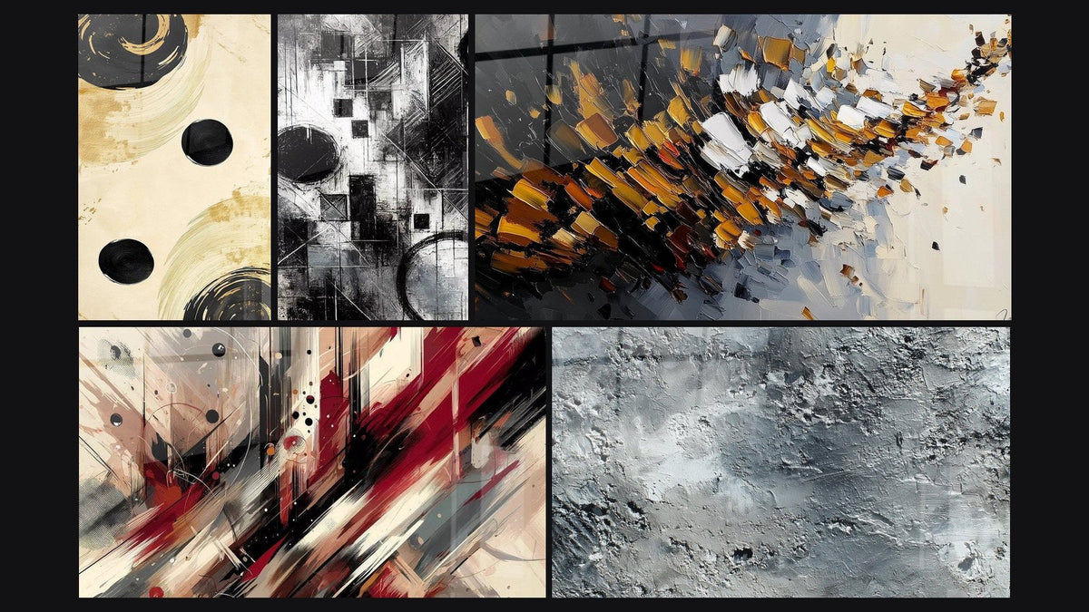 Mosaico de cinco cuadros, entre ellos Equilibrio Esfera Negra, Turbulencia Artística y Fragmentos del Absoluto