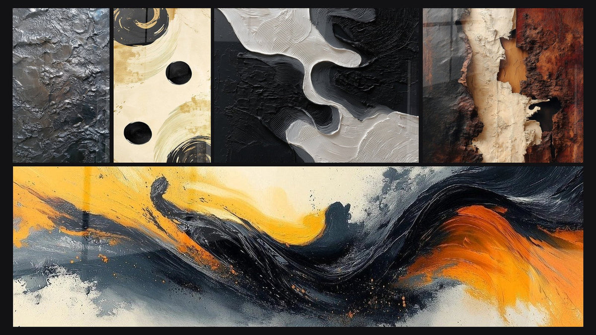 Mosaik aus fünf Gemälden, darunter Gleichgewicht Sphäre Schwarz und Sinfonie Kontrastreiche Schwarz
