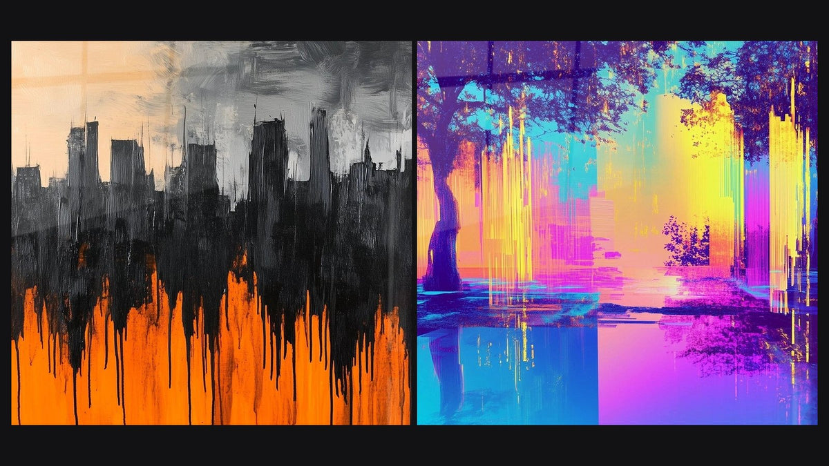 Deux tableaux côte à côte : Cityscape Lumières sauvages et Paysage Fusion virtuelle