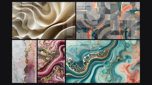 Mosaico de cinco cuadros, entre ellos Círculos grises y coral entrelazados, Llamas Púrpura y Marea de Acuarela