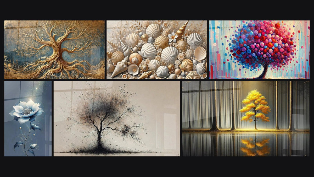 Mosaic of six paintings, including Eternal Tree of Life, Blue Poetry and The Legacy of Souls