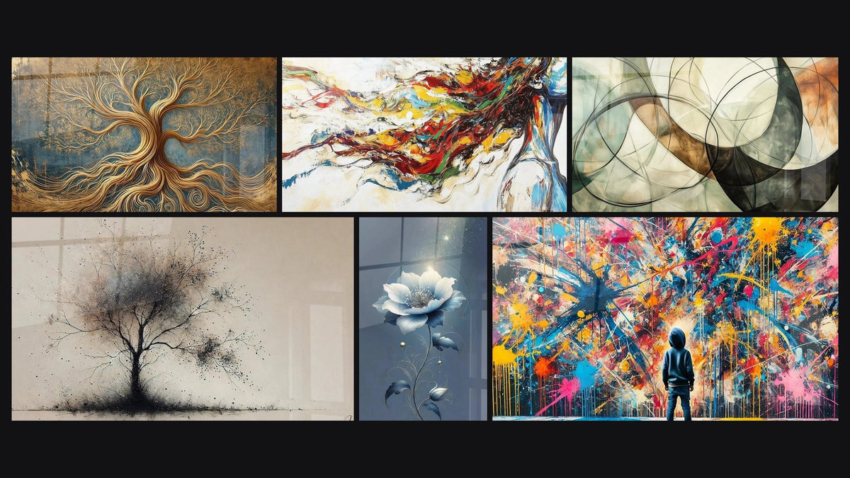 Mosaïque de six tableaux, dont Arbre de la Vie Éternelle, L'Héritage des Âmes et Poésie en Bleu