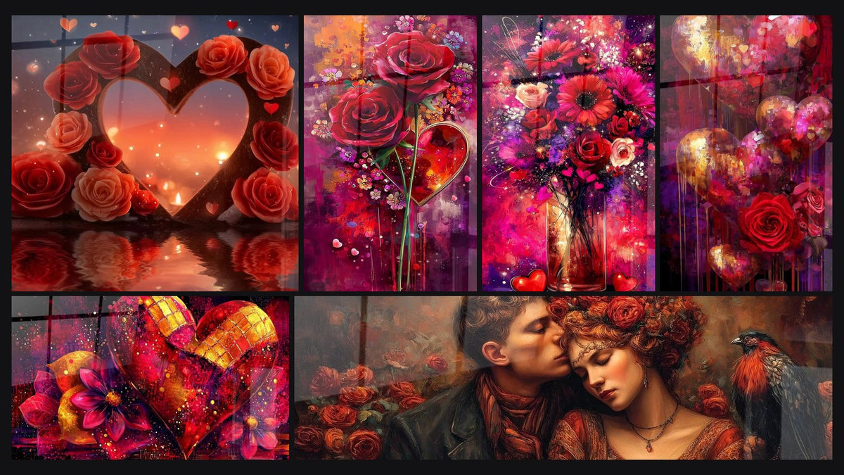 Mosaic of six paintings, including Heart Eternal Passion, Mosaic of Love Heart and Couple Floral Love
