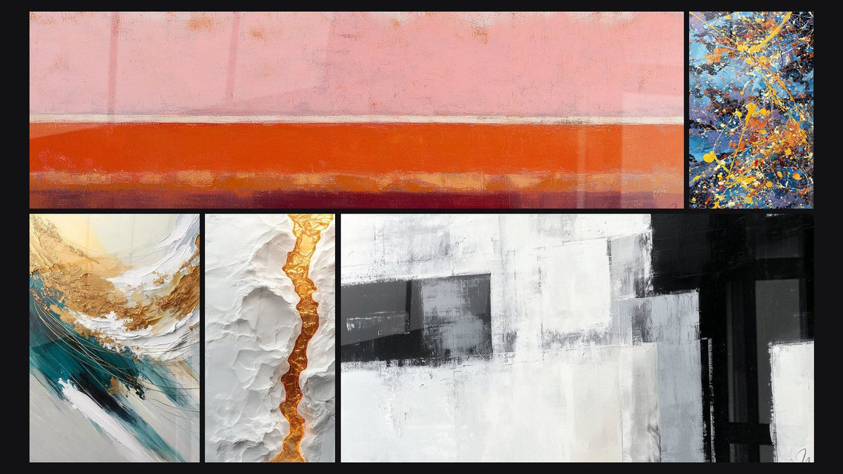 Mosaic of five paintings, including Golden Crest and Foam and Colorful explosion