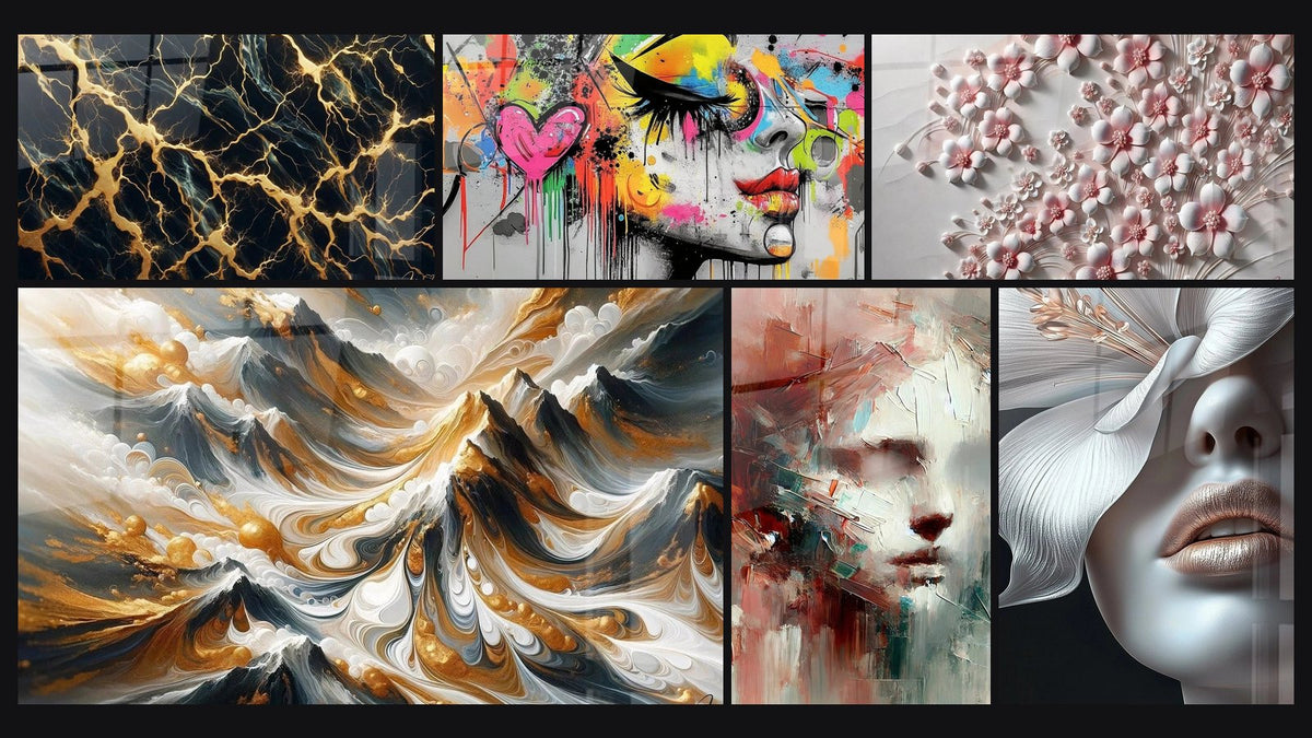 Mosaïque de six tableaux, dont Circuits Précieux, Crêtes Dorées et Femme graffiti