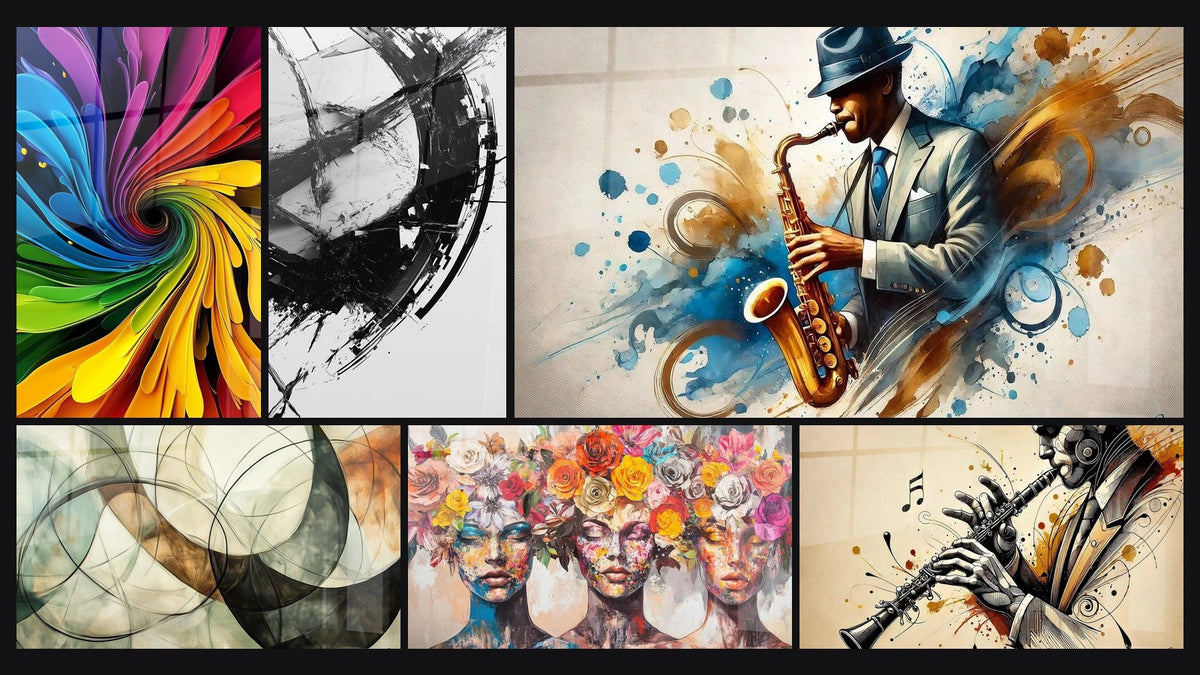 Mosaïque de six tableaux, dont Spirale multicolore, Les Liens Invisibles et Les Muses Fleuries