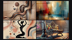 Mosaico de cuatro cuadros, entre ellos Geometría en Bronce, Poesía Geométrica y Fragmentaciones Urbanas