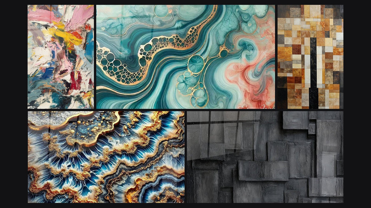 Mosaik aus fünf Gemälden, darunter Goldene Gezeitenwelle und Gezeitenwelle Aquarell