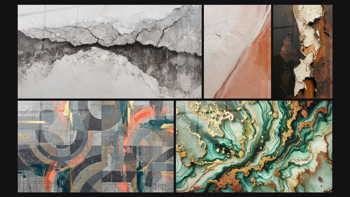 Mosaic of five paintings, including Textured Diagonal White and Brick, Grey and Coral Circles Intertwined and Mystical Marble