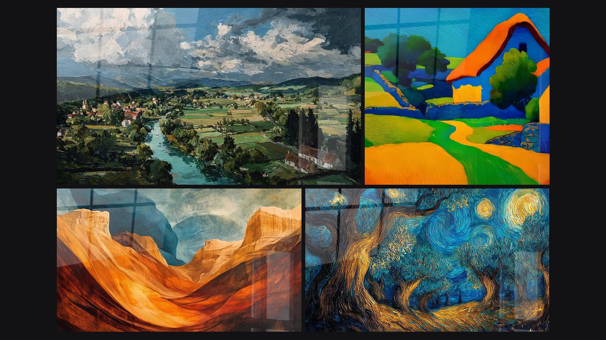 Mosaik aus vier Gemälden, darunter Ländliche Landschaft mit Fluss, Landschaft ländlich farbig und Bernsteinschlingen