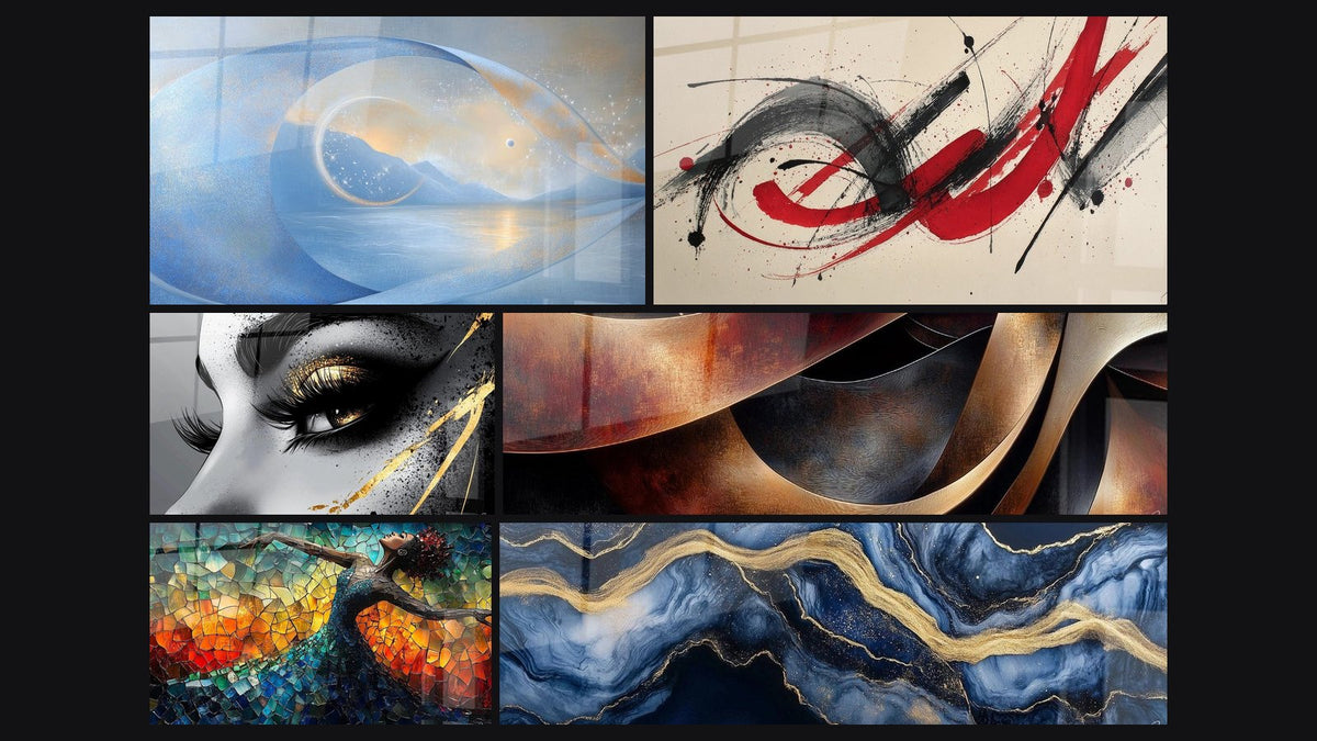 Mosaic of six paintings, including Blue cosmic wave, Gestural Movement and Golden Tear Eye