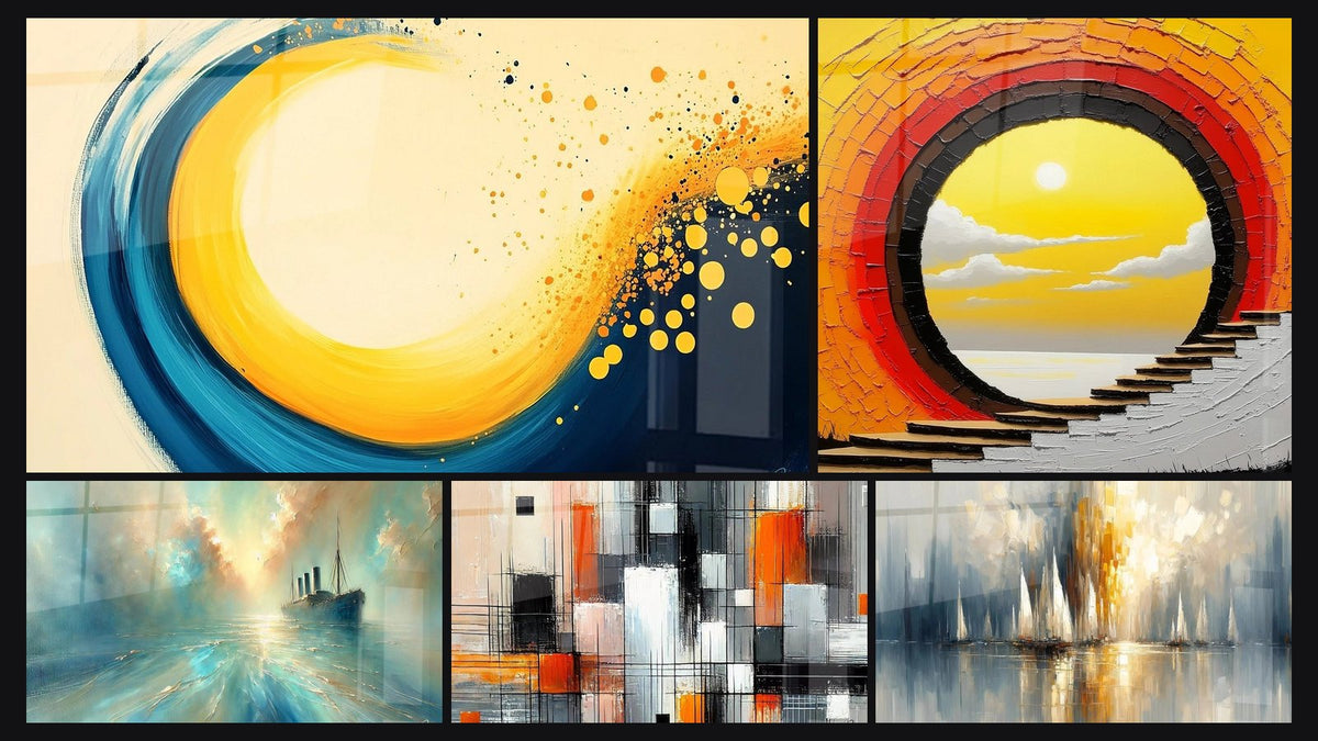 Mosaico di cinque quadri, tra cui A spirale dorato e blu, Tunnel tramonto e Nel Cuore della Brezza