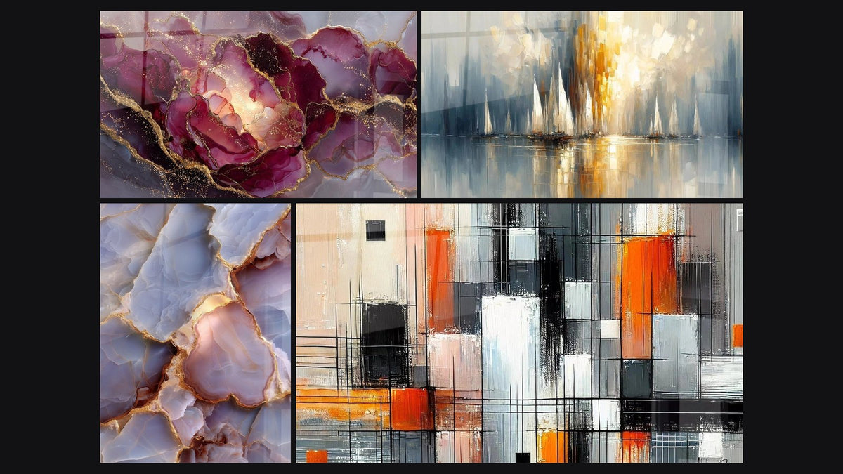 Mosaico di quattro quadri, tra cui Fluido Porpora con Venature Dorate, Meccanica dei Colori e Alba sulla Baia