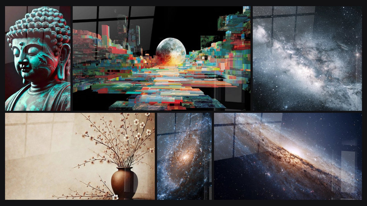 Mosaico de seis cuadros, entre ellos Calma Turquesa, Armonía Natural y Luna Pixelada Futurista