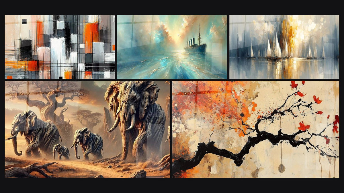 Mosaïque de cinq tableaux, dont Mécanique des couleurs, L’Appel des Ancêtres et Au Cœur de la Brise