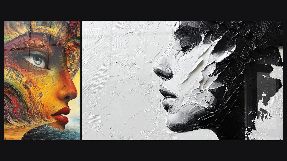 Deux tableaux côte à côte : Visage féminin architecture et Portrait Femme Expressif