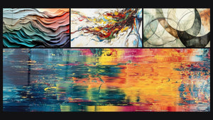 Mosaico de cuatro cuadros, entre ellos Olas fluidas, Abstracto reflejos coloridos y Musa Moderna