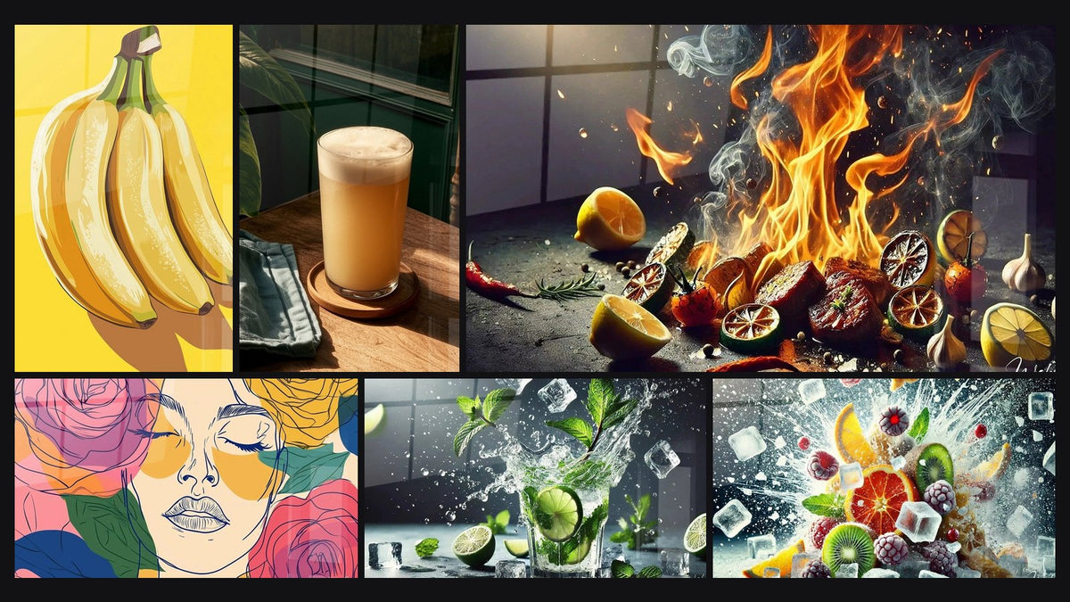 Mosaik aus sechs Gemälden, darunter Eiskalter Cocktail