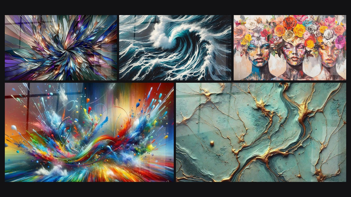 Mosaico de cinco cuadros, entre ellos El Llamado del Mar, Abstracto Big Bang Explosivo y Ríos de Oro