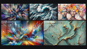 Mosaic of five paintings, including Radiance Fractal, The Call of the Sea and Big Bang Artistic Dazzling