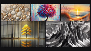 Mosaico de cinco cuadros, entre ellos Joyas de las Arenas, Tranquilidad Eterna y Árbol de Alegría