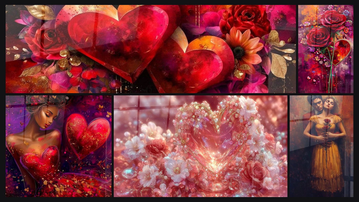 Mosaïque de cinq tableaux, dont Cœurs Opulence Rosée, Femme Cœurs Électriques de Désir et Rose Serment d'Amour