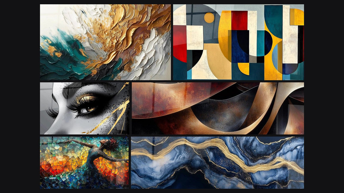 Mosaico de seis cuadros, entre ellos Trazos en Oro y Jade, Formas geométricas de colores y Ojo Lágrima de Oro