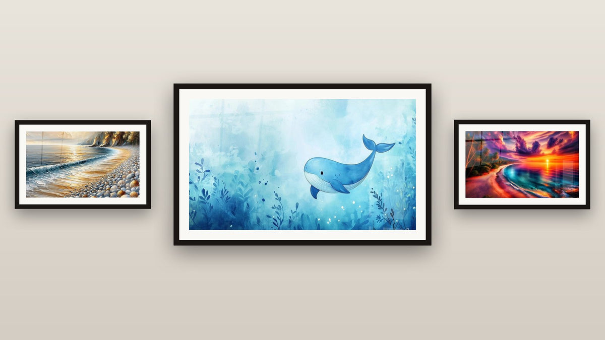 Gallery wall with three framed paintings: Flaming Twilight Seaside, Pebbles Under the Sun and Children's wall art No. 9