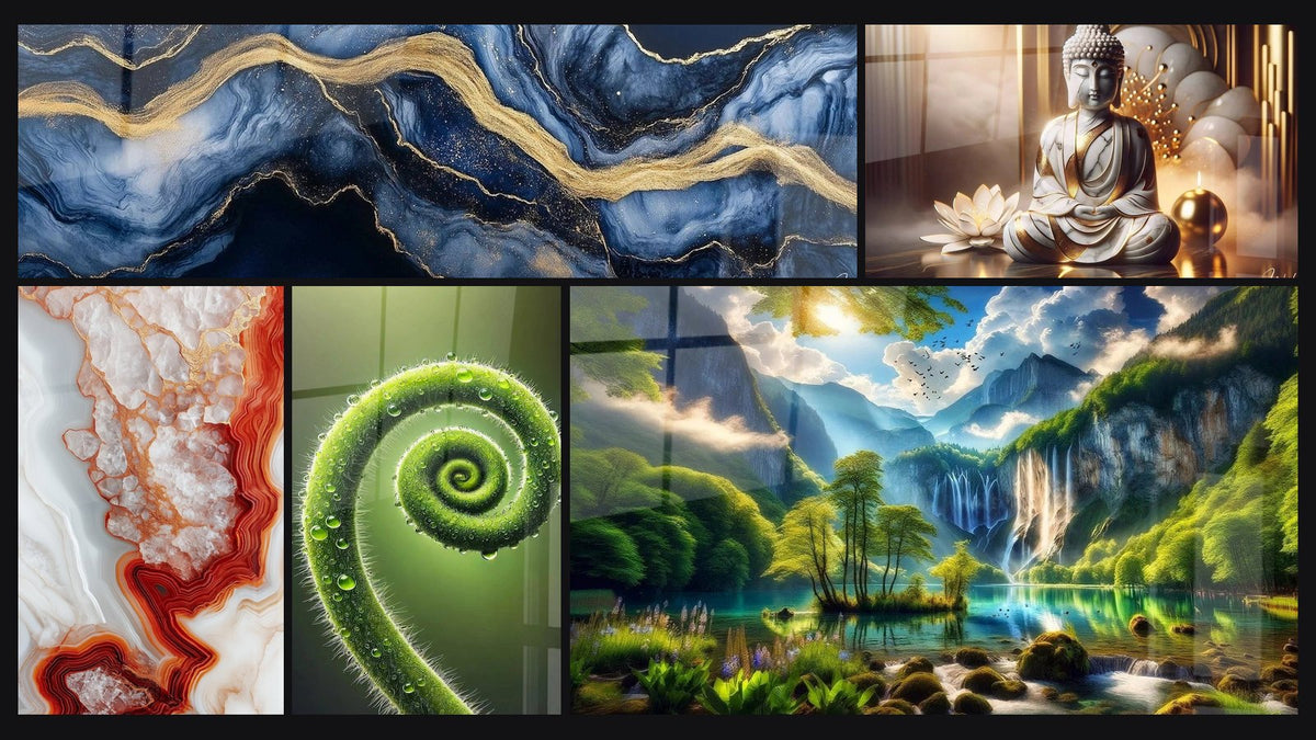 Mosaico di cinque quadri, tra cui Marmo Liquido Eternità Blu, Spirale della Vita e Pace Marmorizzata