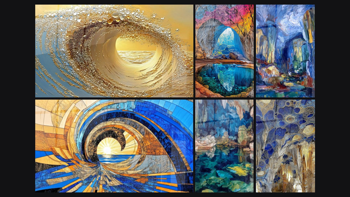 Mosaico di sei quadri, tra cui A forma di vagone dorato tunnel, Tunnel temporale dorato e Grotte Naturali Colorate