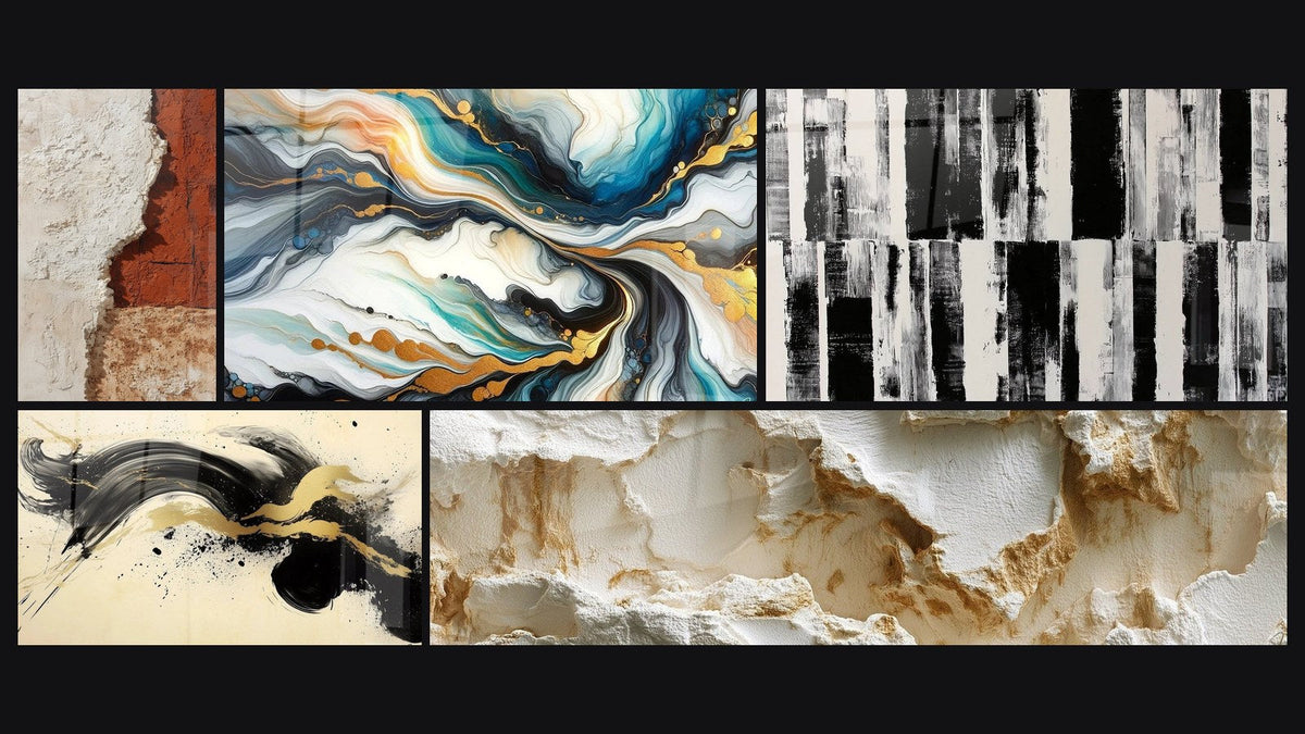 Mosaico de cinco cuadros, entre ellos Abstracto de Corrientes Coloridas y Ciervo Pasión Negro