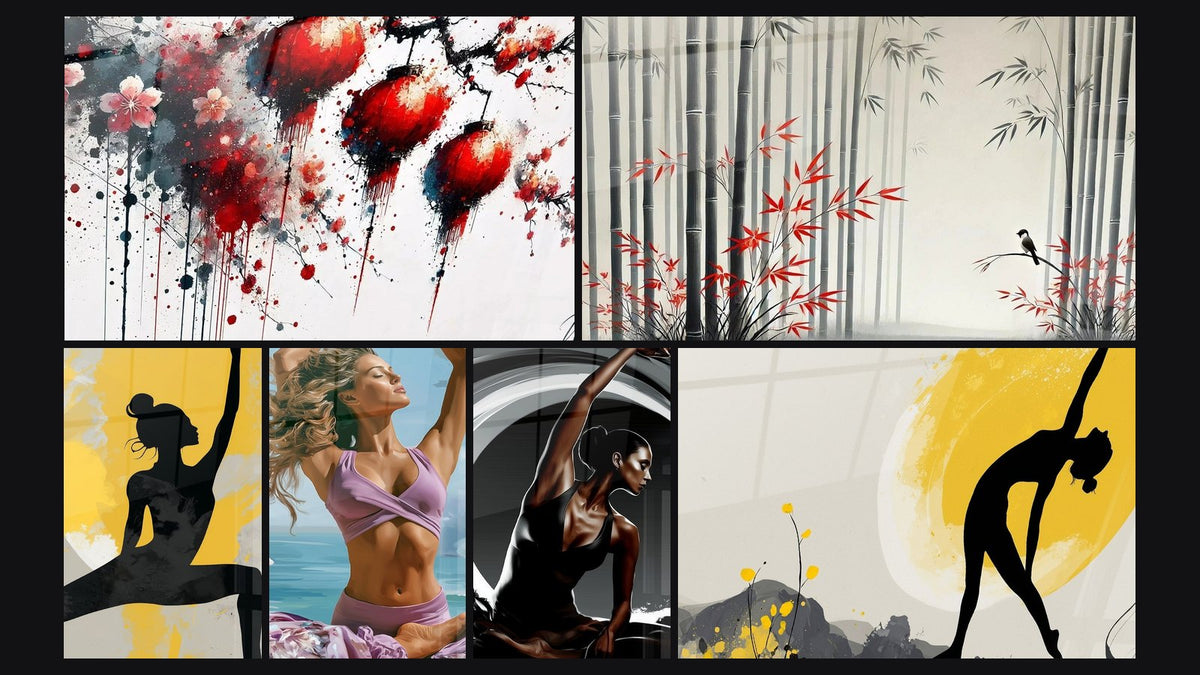 Mosaic of six paintings, including Flowers and Lanterns, Light Through Bamboo and Black Silhouette with Yellow Splashes