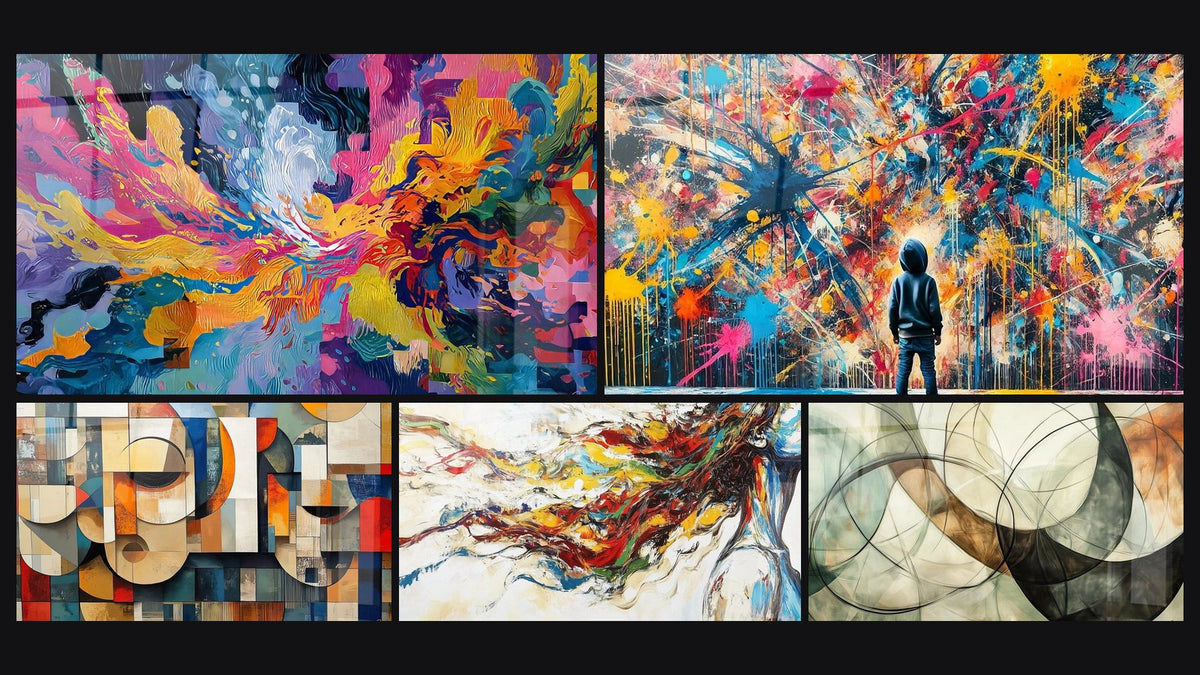 Mosaic of five paintings, including Colorful explosion, Abstract geometric shapes and Modern Muse